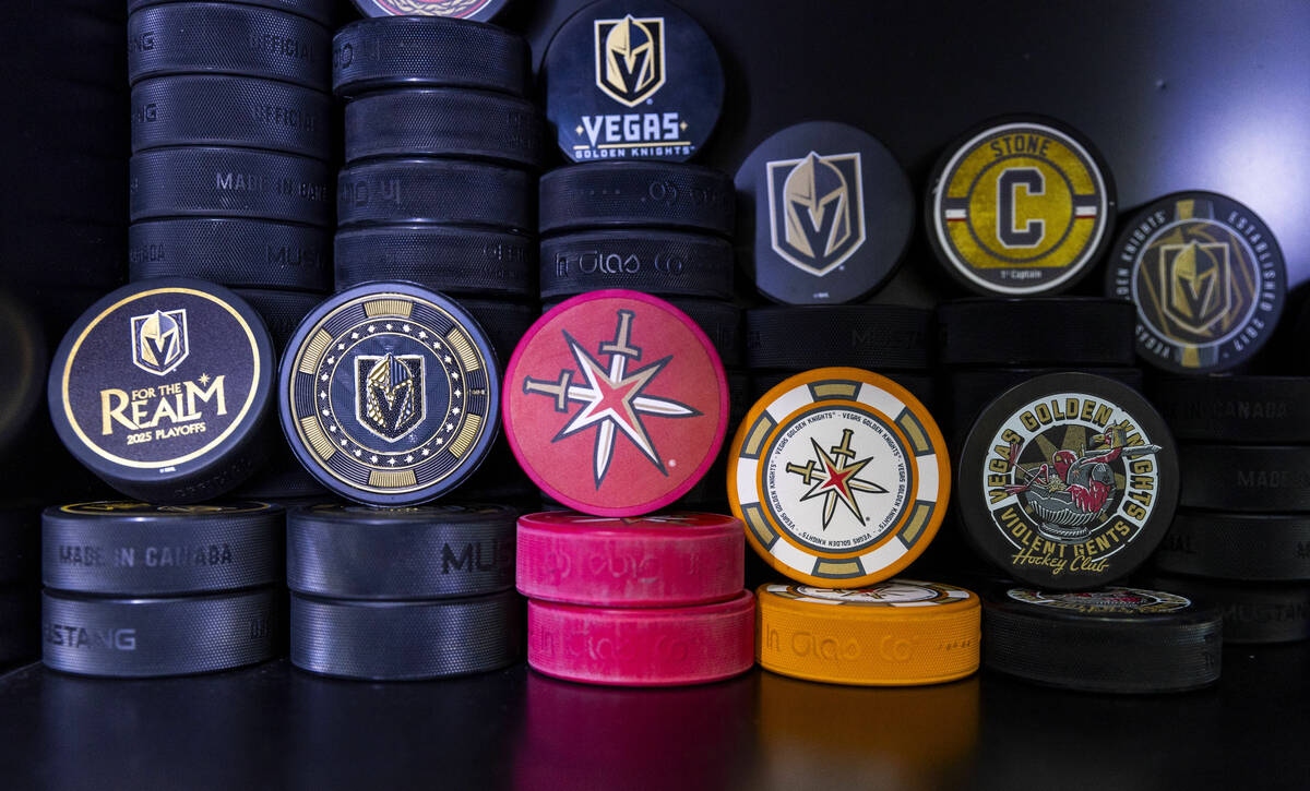 Pucks are for sale inside before first period of game one in the Golden Knights and Edmonton Oi ...