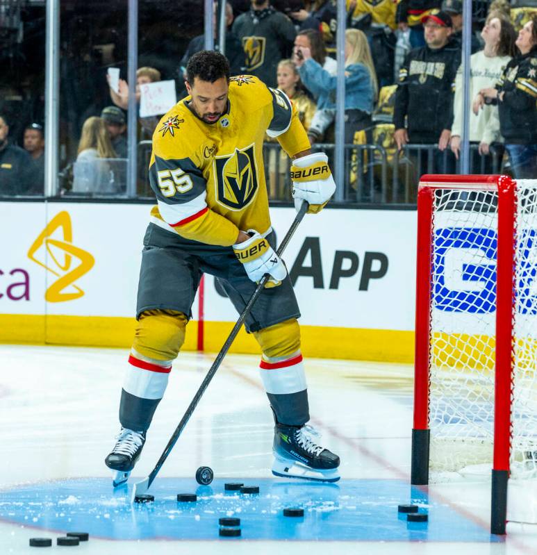 Golden Knights right wing Keegan Kolesar (55) takes close shots at the net during the warm ups ...