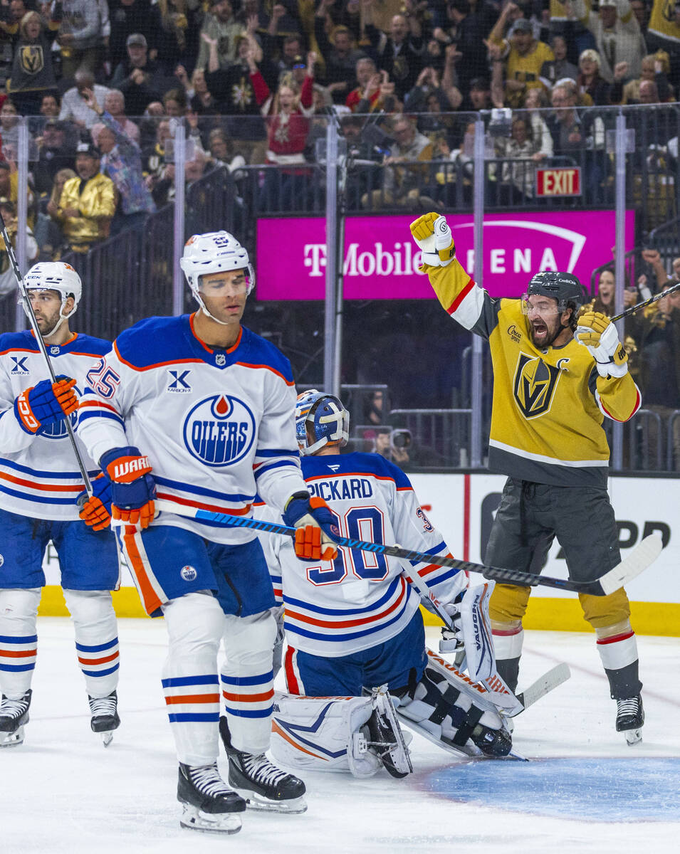 Golden Knights right wing Mark Stone (61) reacts to shooting the puck past Edmonton Oilers goal ...