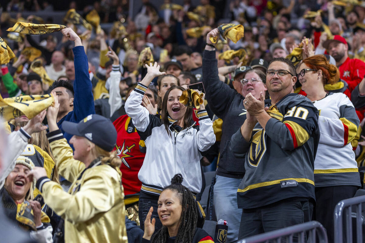 Golden Knights fans celebrate with right wing Mark Stone (61) after scoring past Edmonton Oiler ...