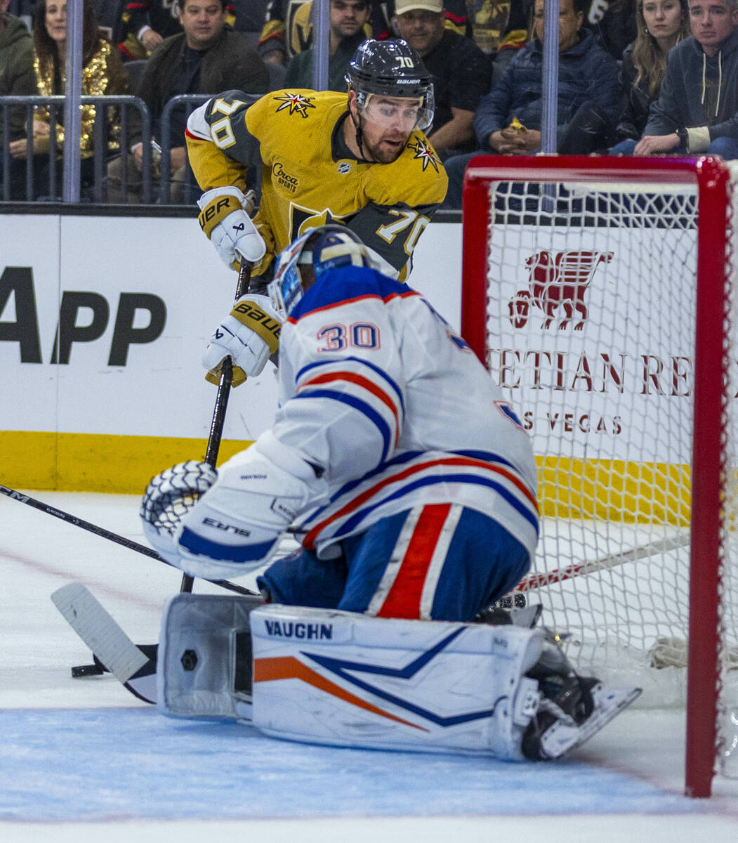 Golden Knights left wing Tanner Pearson (70) attempts to score against Edmonton Oilers goaltend ...