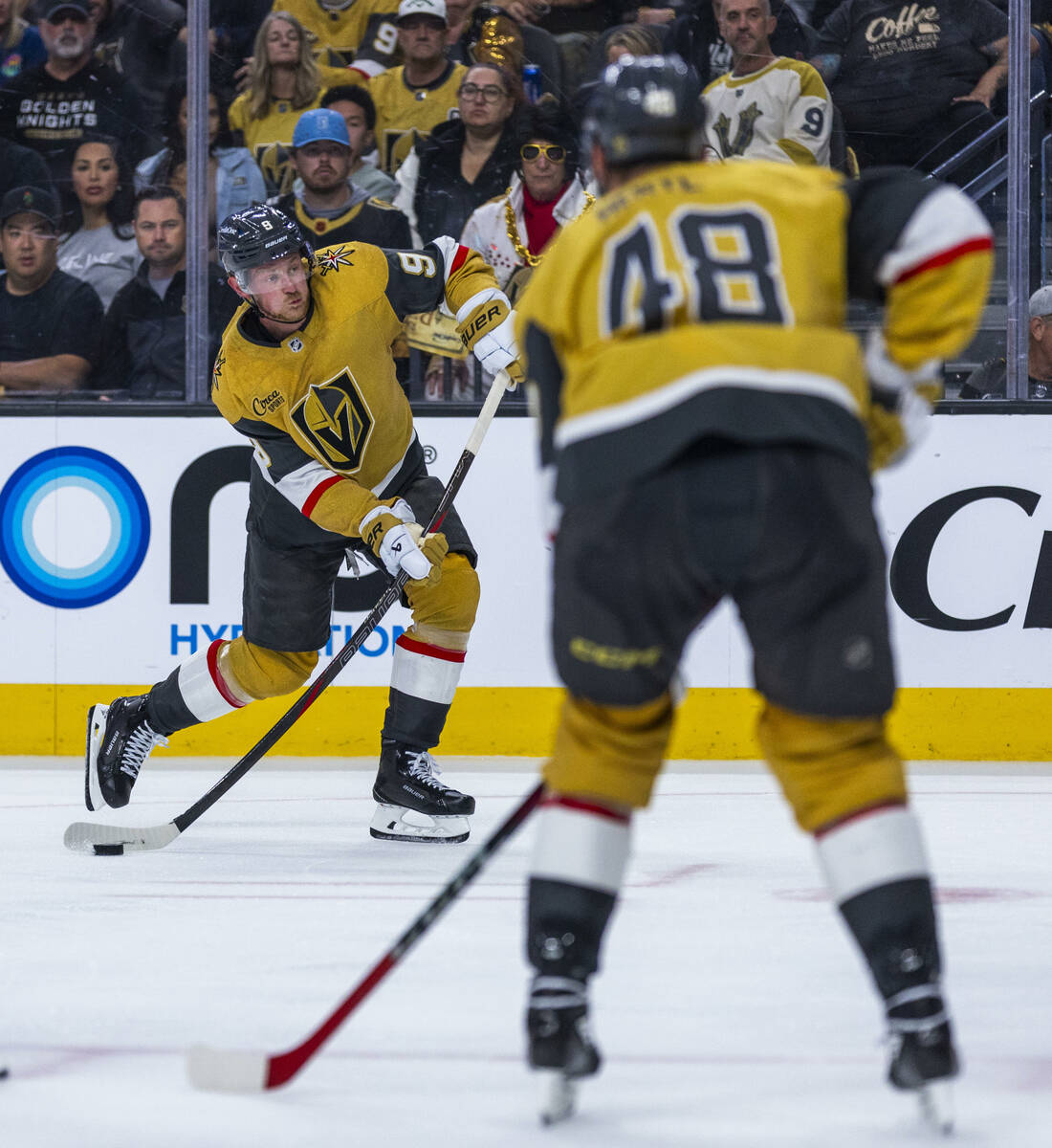 Golden Knights center Jack Eichel (9) shoots against the Edmonton Oilers during the third perio ...