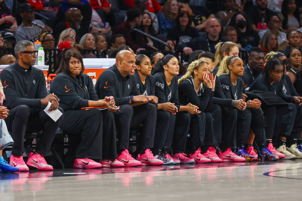 The Aces bench all wears center A’ja Wilson’s new Nike A’One shoe during a ...