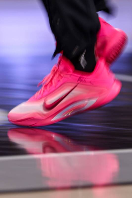 An Aces player warms up while wearing A’ja Wilson’s new A’One Nikes during ...
