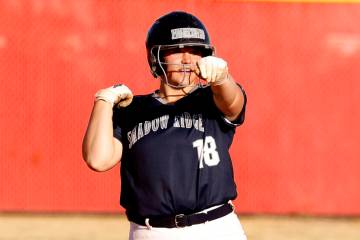 Shadow Ridge Madison Foster (18) reacts after hitting two RBI and a double against Arbor View d ...
