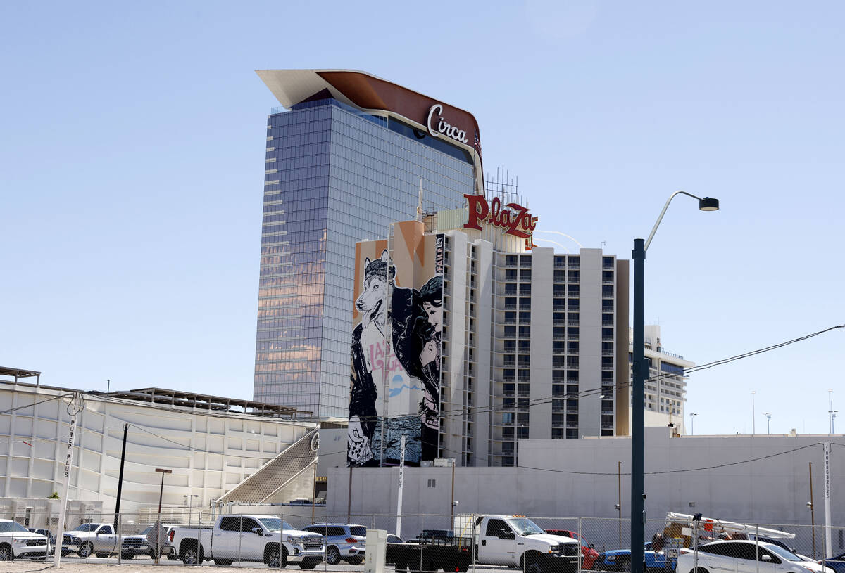 Circa Resort and the Plaza hotel-casino as seen from Las Vegas' Symphony Park, on Tuesday, Apri ...