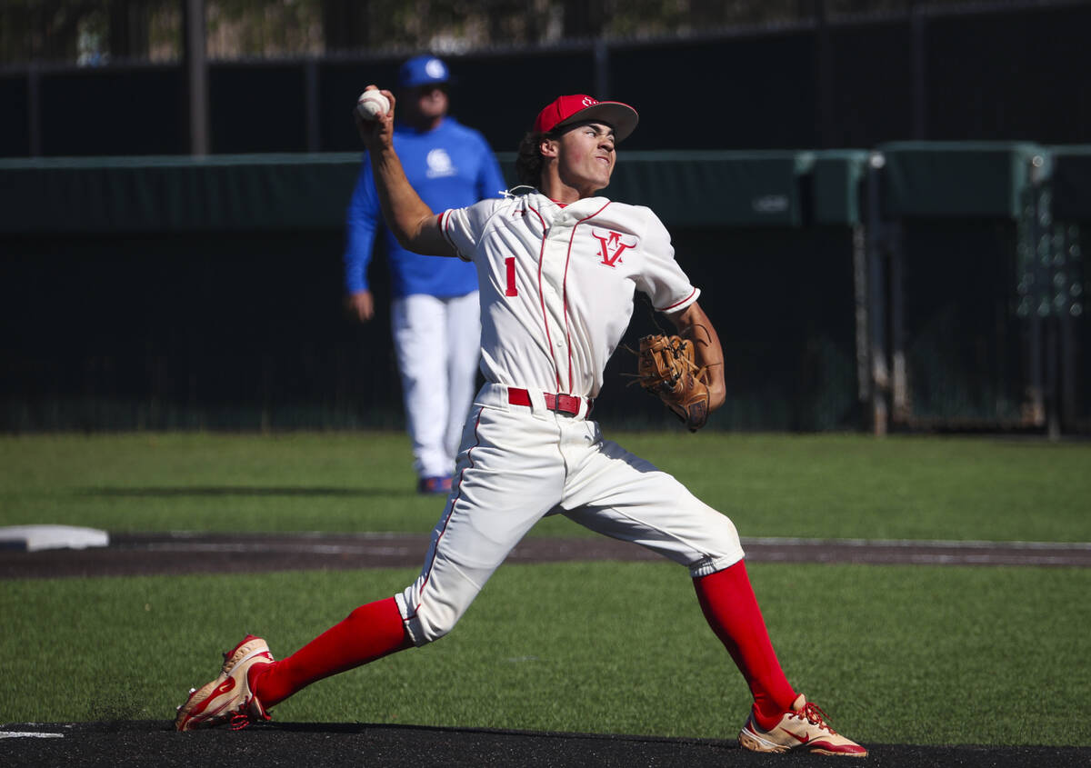 Arbor View's Austin Long pitches to Bishop Gorman during a playoff baseball game at Bishop Gorm ...