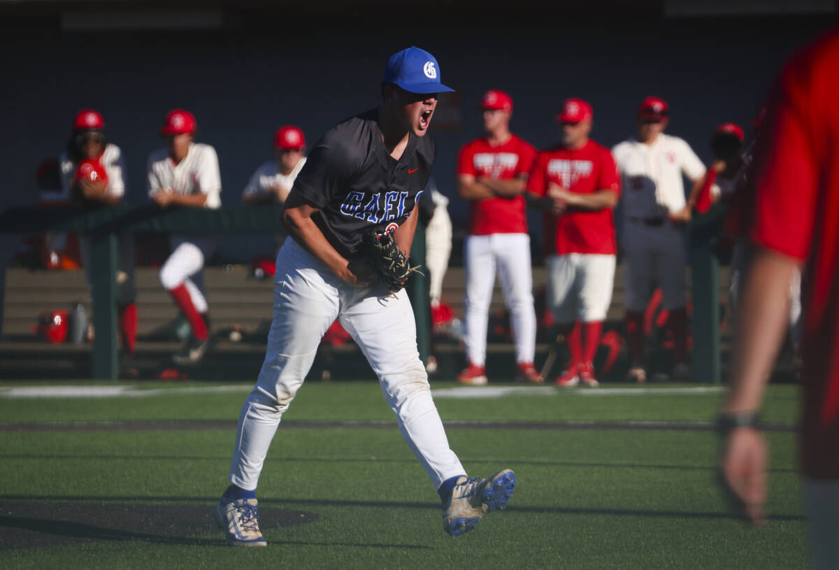 Bishop Gorman's James Whitaker (33) reacts as the team defeats Arbor View in a playoff baseball ...