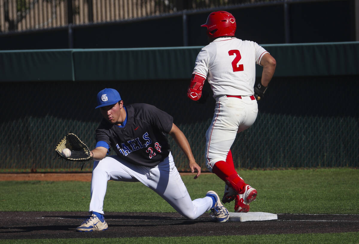 Arbor View's infielder Jase DeSantis (2) gets to first base against Bishop Gorman's Chase Wilk ...