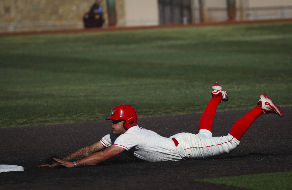Arbor View's infielder Jase DeSantis (2) steals second base during a playoff baseball game at B ...