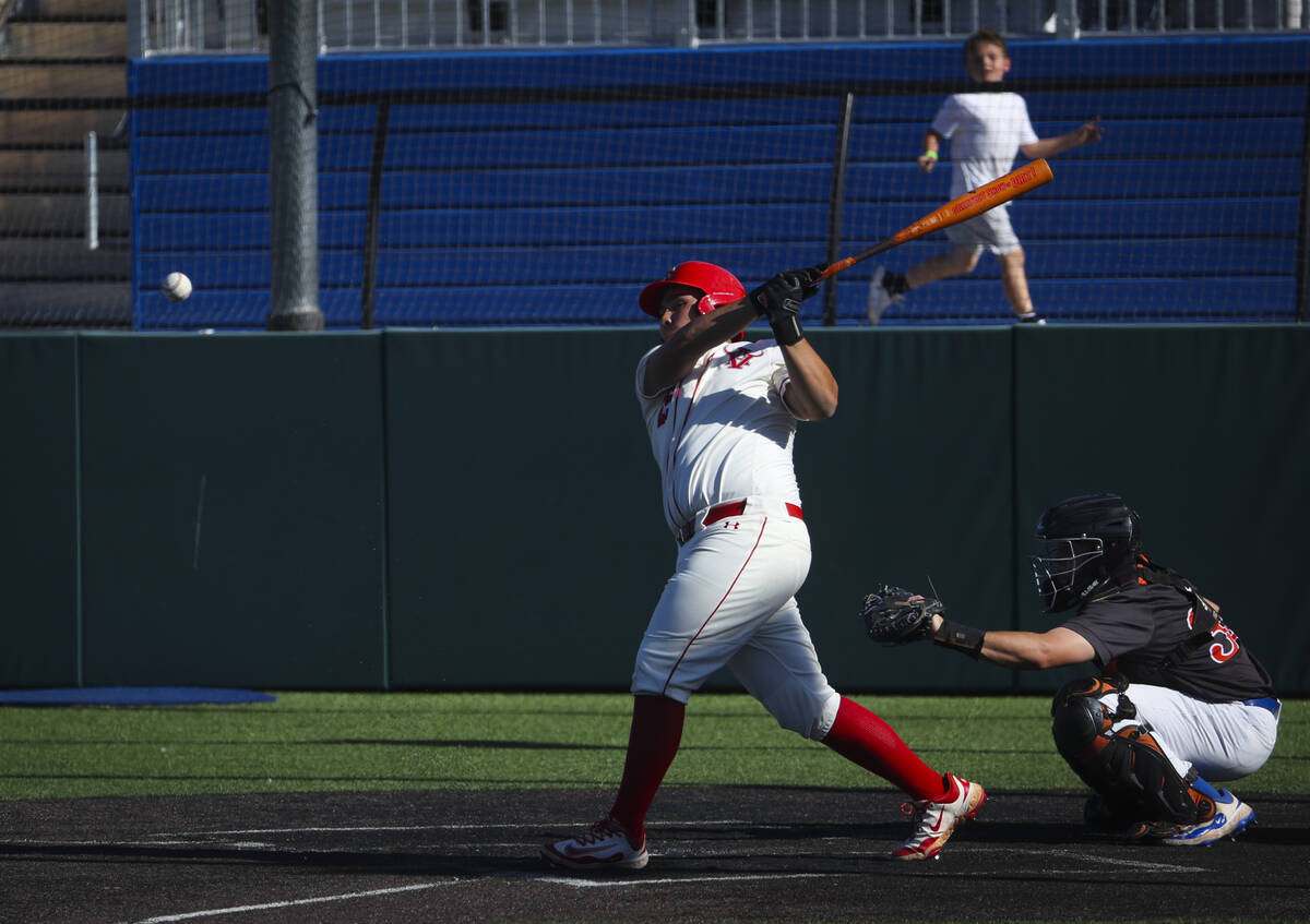 Arbor View's Jase DeSantis hits the ball during a playoff baseball game at Bishop Gorman High S ...