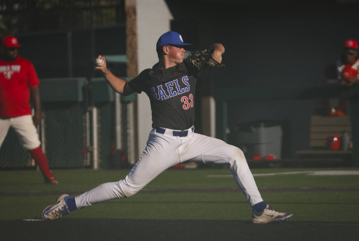 Bishop Gorman's James Whitaker pitches to Arbor View during a playoff baseball game at Bishop G ...