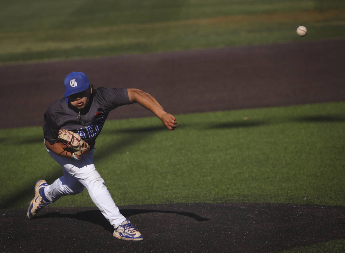 Bishop Gorman's Koa Young pitches to Arbor View during a playoff baseball game at Bishop Gorman ...