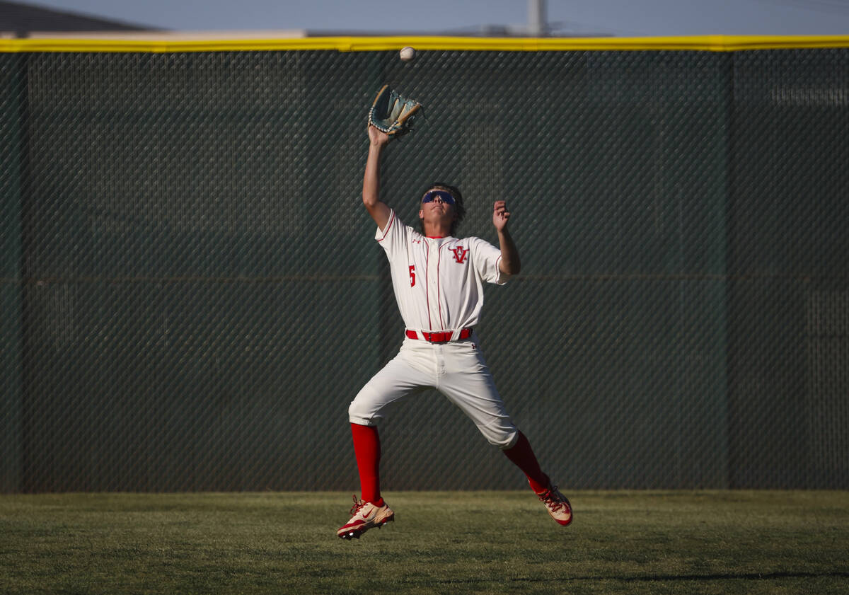 Arbor View's Landon Blais (5) catches a fly ball from Bishop Gorman during a playoff baseball g ...