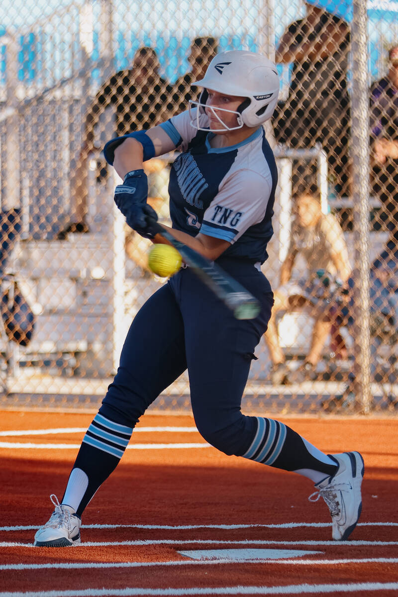 Centennial’s Sloane Merrell (8) hits a pitch during the NIAA Class 5A Southern Region wi ...