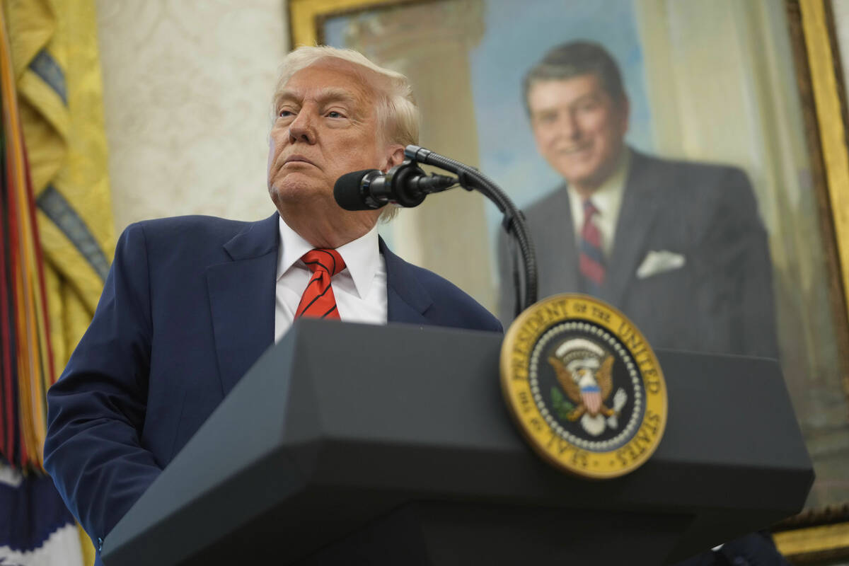 President Donald Trump speaks before Steve Witkoff is sworn as special envoy during a ceremony ...