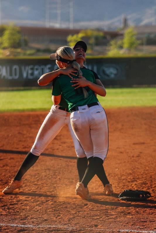 Palo Verde teammates celebrate winning a high school Class 5A Softball Southern Region winners ...