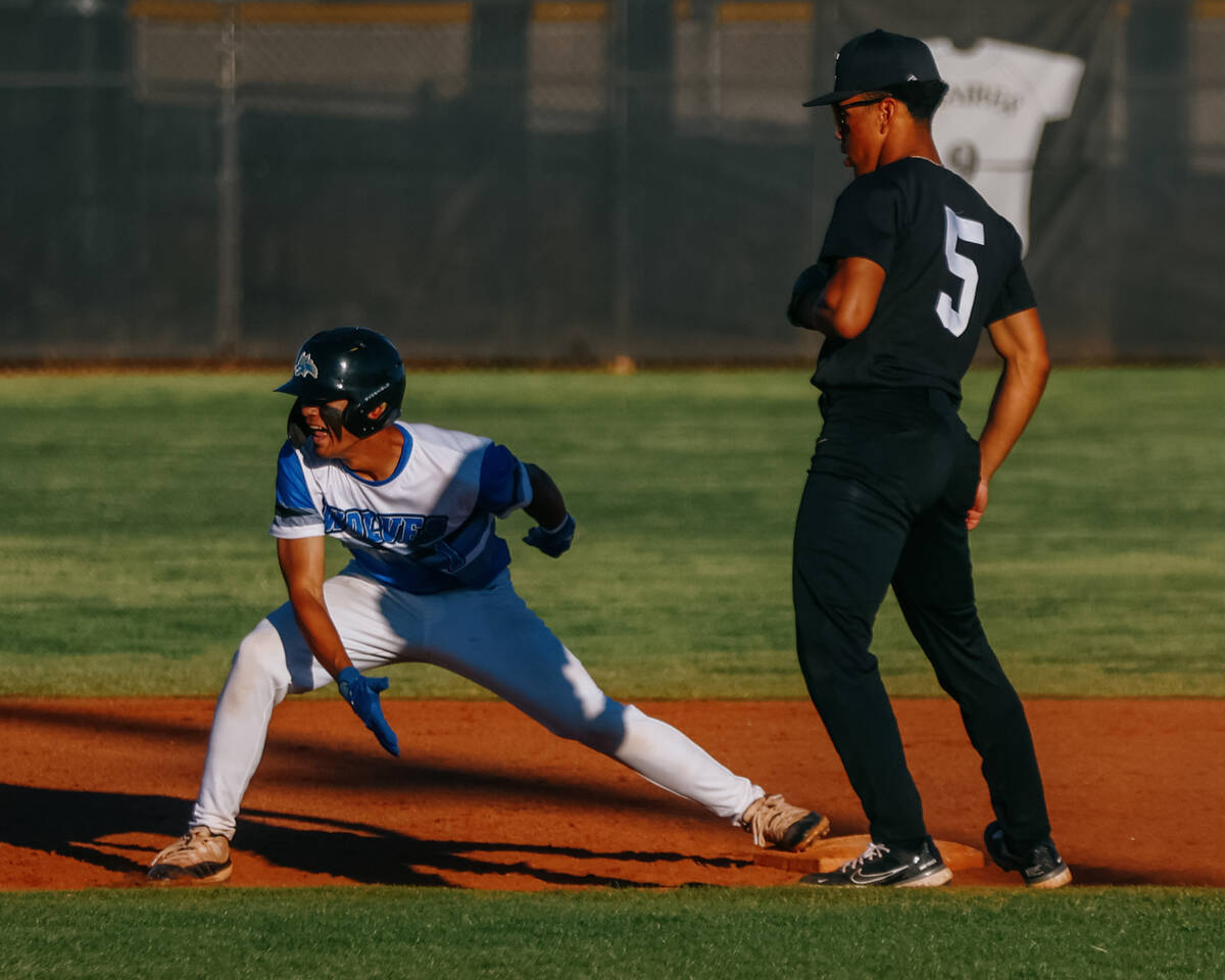 Basic’s Adrian Ramos (1) celebrates hitting a double during the NIAA 5A Southern Region ...