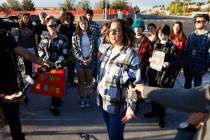 Krista Holloway, founder of "Walk Safely LV," speaks during a protest demanding justi ...