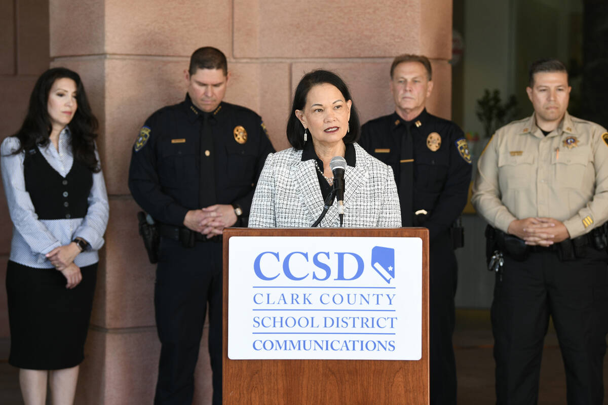 Clark County School District Superintendent Jhone Ebert speaks during a news conference to disc ...