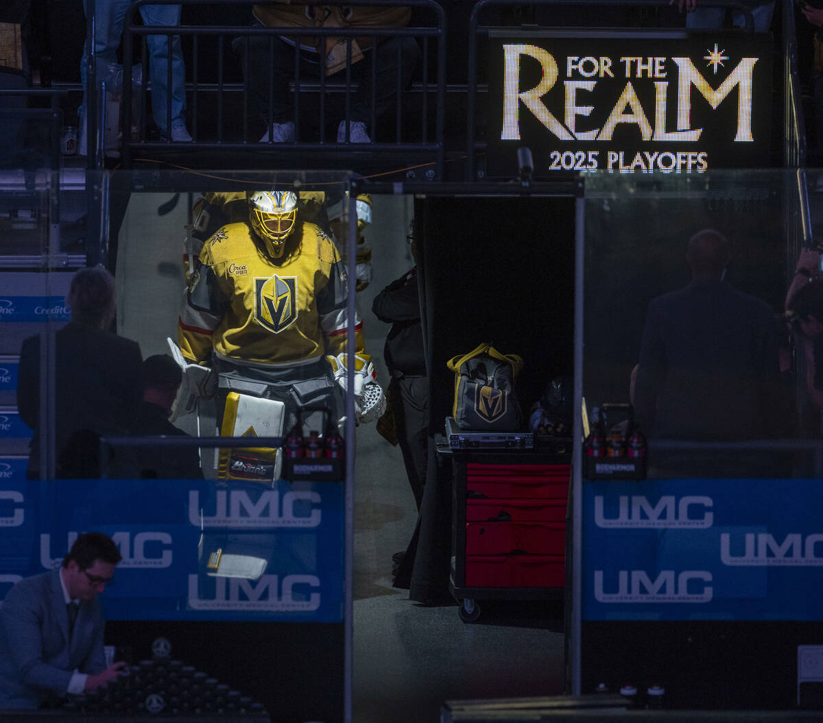 Golden Knights goaltender Adin Hill (33) leads his teammates onto the ice during the warm up pe ...