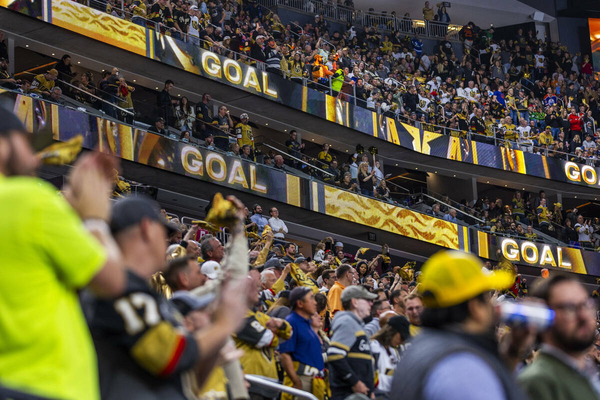 Golden Knights fans celebrate a score against the Edmonton Oilers during the second period of ...