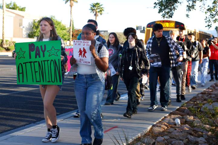 Students hold a protest demanding justice for McKenzie Scott, a senior at Arbor View High Schoo ...