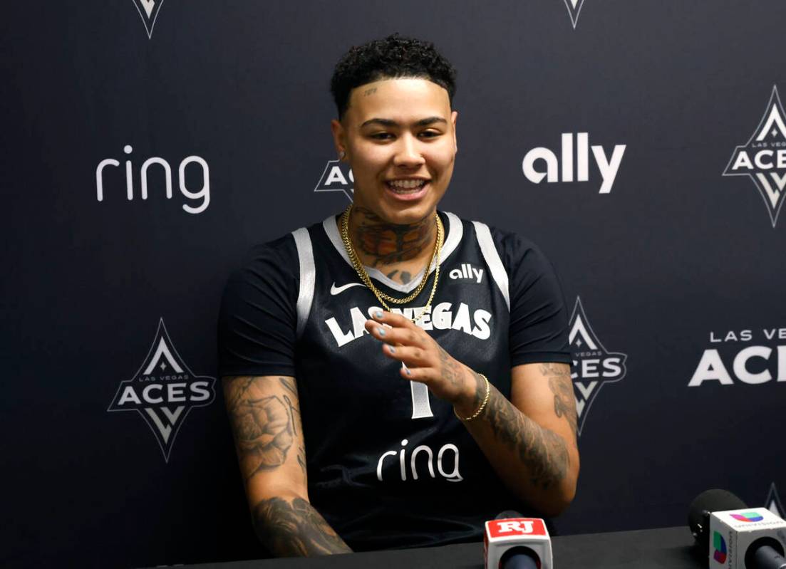 Las Vegas Aces forward Kierstan Bell speaks during team's media day, on Thursday, May 8, 2025, ...