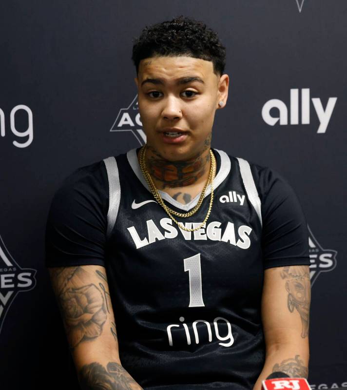 Las Vegas Aces forward Kierstan Bell listens reporters questions during team's media day, on Th ...