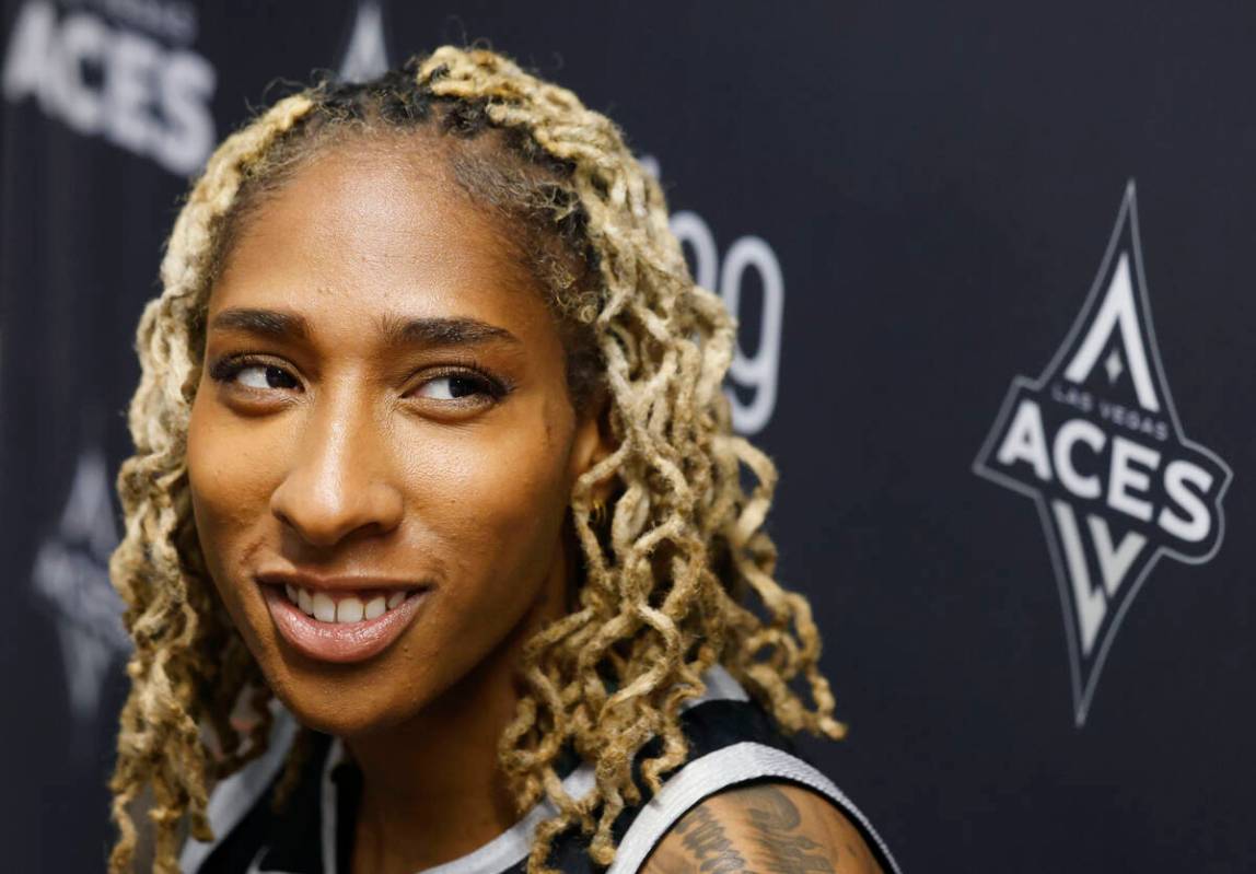Las Vegas Aces forward Crystal Bradford speaks during team's media day, on Thursday, May 8, 202 ...