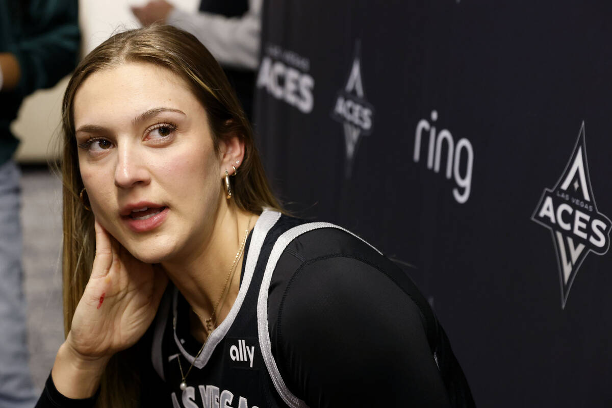 Las Vegas Aces center Elizabeth Kitley speaks during team's media day, on Thursday, May 8, 2025 ...