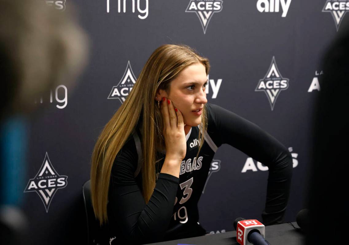Las Vegas Aces center Elizabeth Kitley speaks during team's media day, on Thursday, May 8, 2025 ...