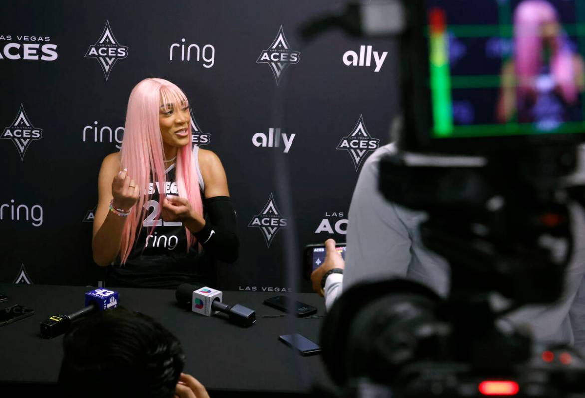 Las Vegas Aces center A'ja Wilson speaks during team's media day on Thursday, May 8, 2025, in L ...