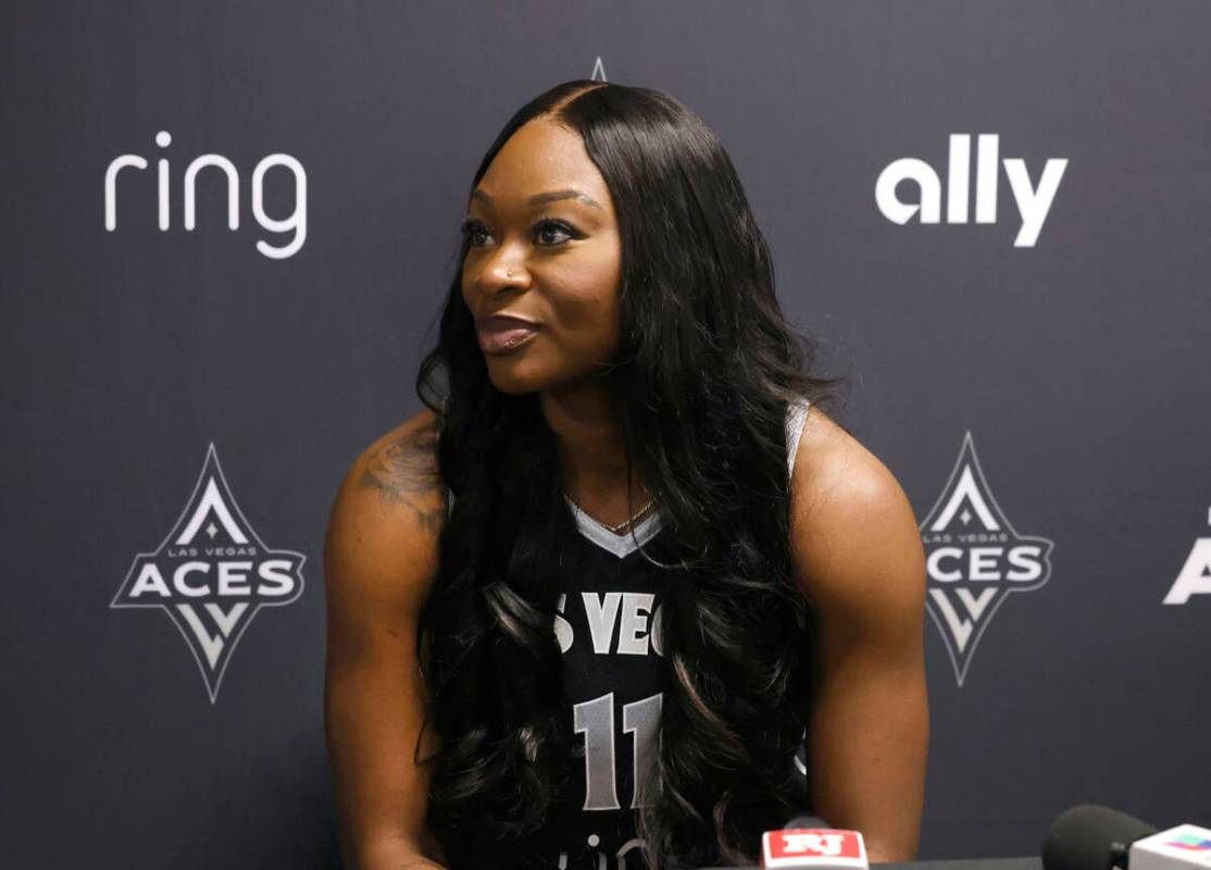 Las Vegas Aces guard Dana Evans listens reporters questions during team's media day on Thursday ...