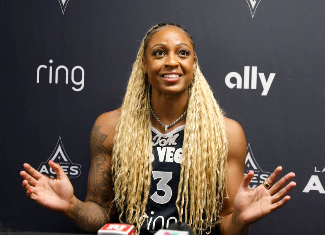 Las Vegas Aces guard Tiffany Mitchell speaks during team's media day on Thursday, May 8, 2025, ...
