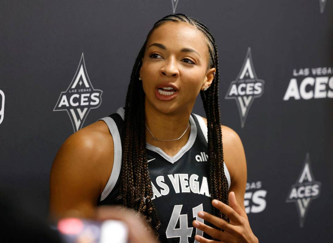 Las Vegas Aces center Kiah Stokes speaks during team's media day on Thursday, May 8, 2025, in L ...