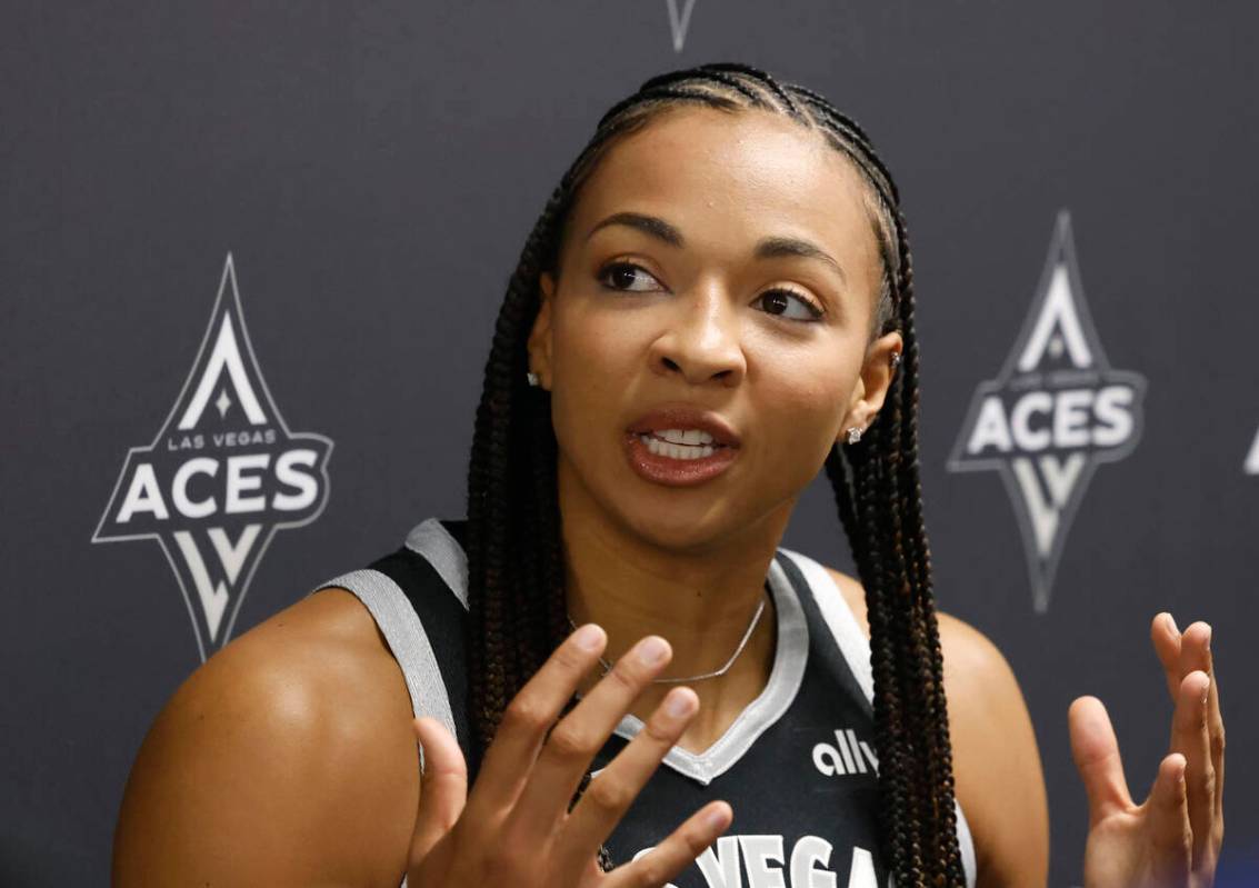 Las Vegas Aces center Kiah Stokes speaks during team's media day on Thursday, May 8, 2025, in L ...