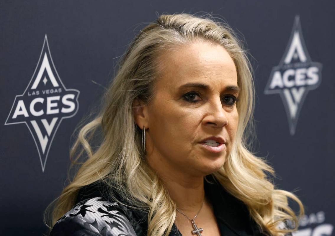 Las Vegas Aces head coach Becky Hammon speaks during team's media day on Thursday, May 8, 2025, ...