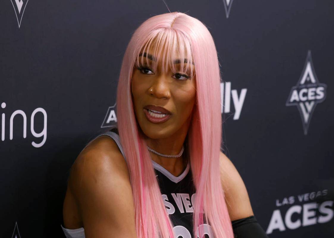Las Vegas Aces center A'ja Wilson speaks during team's media day on Thursday, May 8, 2025, in L ...