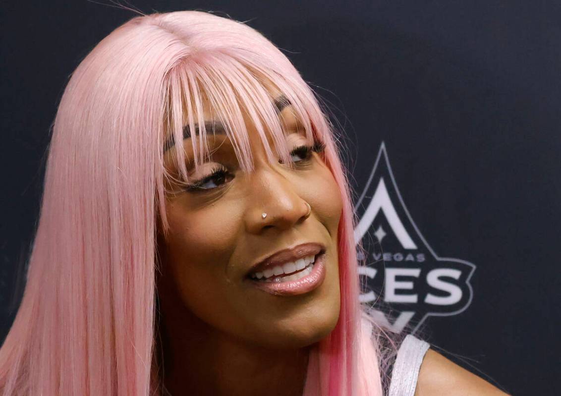 Las Vegas Aces center A'ja Wilson speaks during team's media day on Thursday, May 8, 2025, in L ...