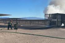 Firefighters respond to a fire at a solar facility near Boulder City on May 8, 2025. (Boulder C ...