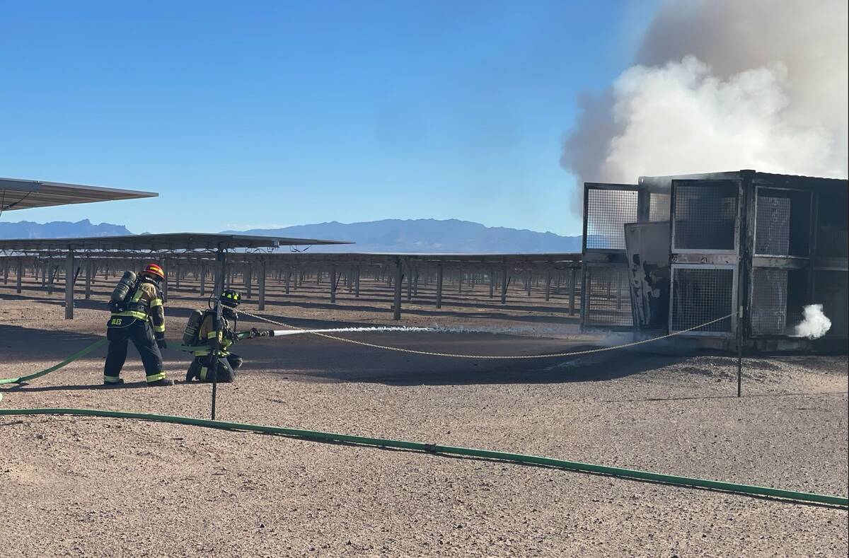 Firefighters respond to a fire at a solar facility near Boulder City on May 8, 2025. (Boulder C ...