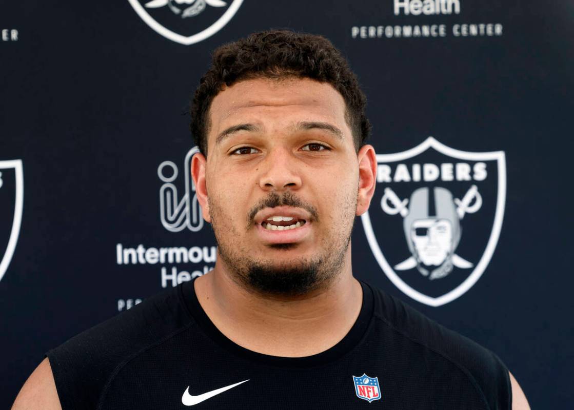 Raiders guard Caleb Rogers addresses the media after participating in the Raiders rookie mini c ...