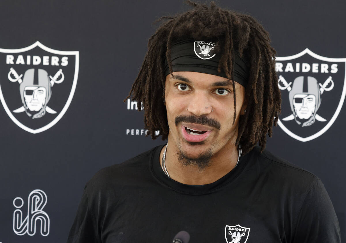 Raiders center back Darien Porter addresses the media after participating in the Raiders rookie ...