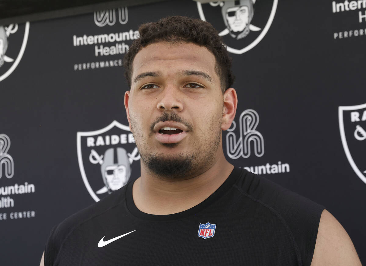 Raiders guard Caleb Rogers addresses the media after participating in the Raiders rookie mini c ...