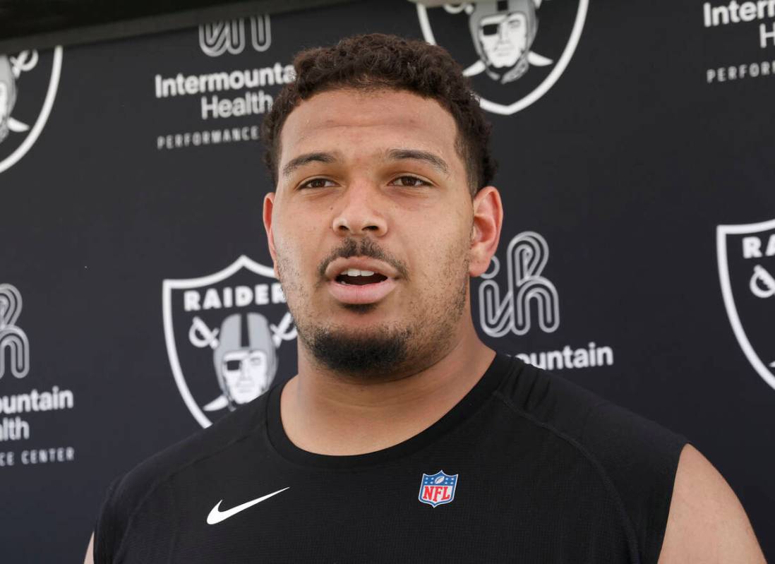 Raiders guard Caleb Rogers addresses the media after participating in the Raiders rookie mini c ...