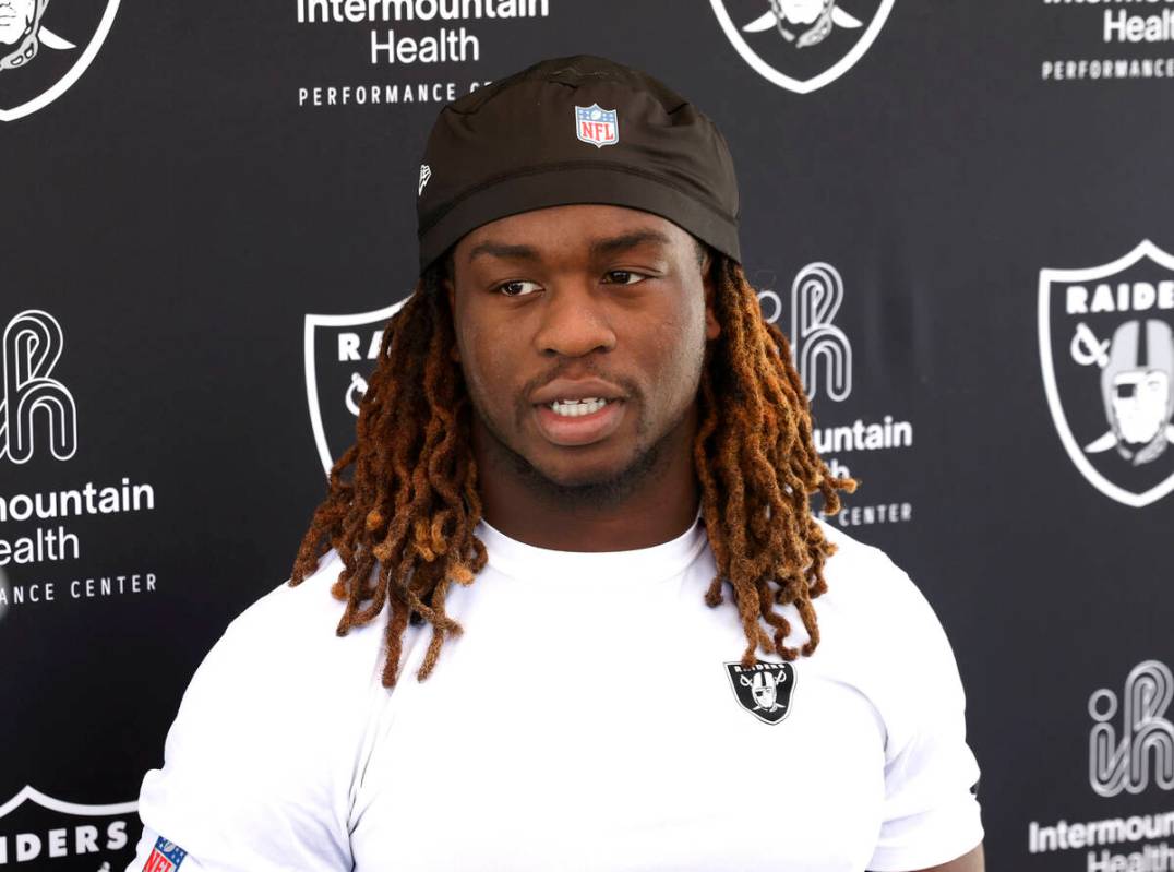 Raiders running back Ashton Jeanty addresses the media after participating in the Raiders rooki ...
