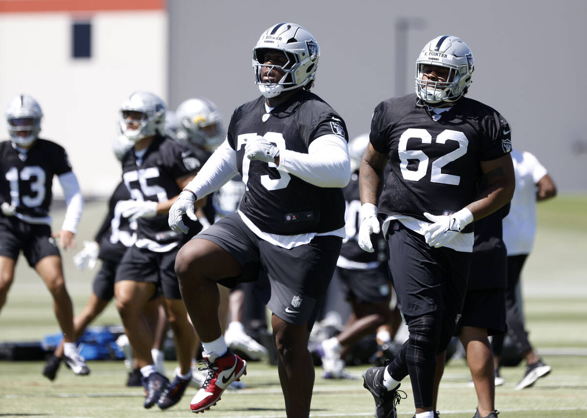Raiders defensive tackle Tank Booker (73) and tackle Dominic Boyd (62) warm up during the 2025 ...