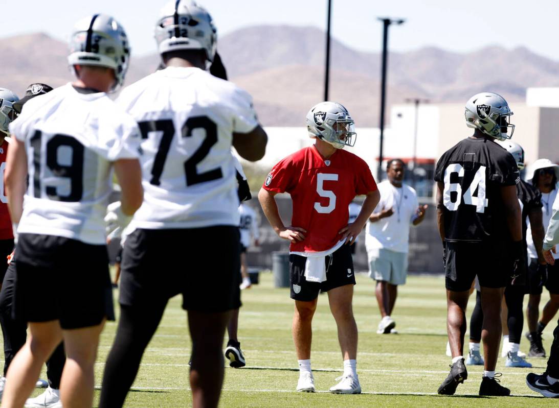 Raider quarterback Cam Miller (5) looks around as players take the field to participate in the ...