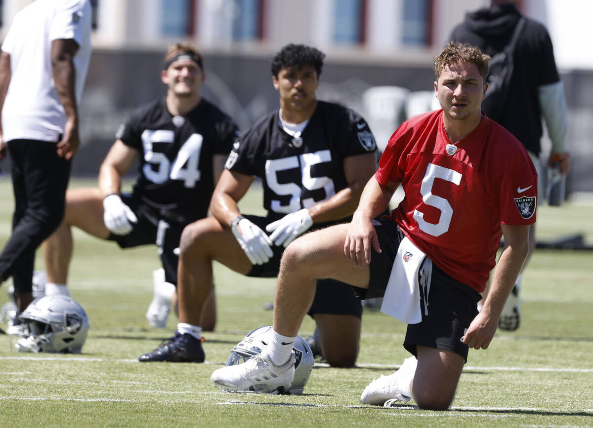 Raider quarterback Cam Miller (5) stretches during the 2025 rookie mini camp at the Intermounta ...